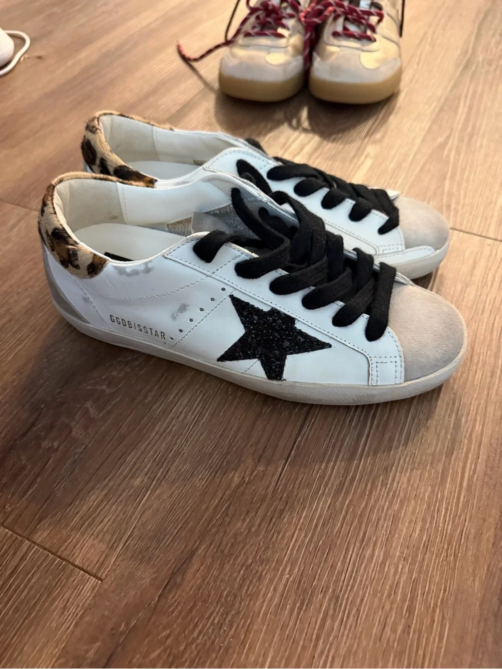 Golden Goose White Sneakers with Black Star and Leopard Heel